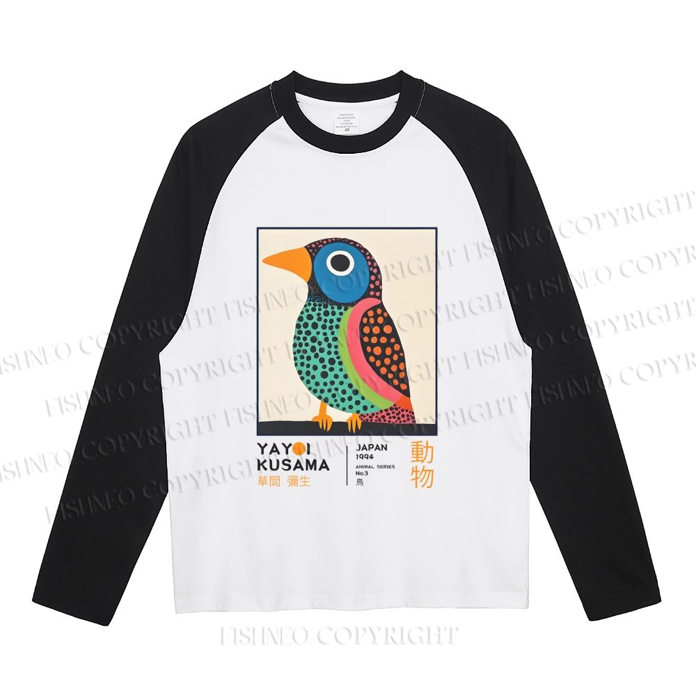 Yayoi Kusama Colorful Polka-dot Bird Neutral Color-Blocked Raglan Long Sleeve T-shirt