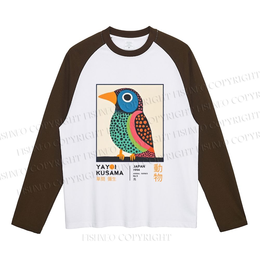 Yayoi Kusama Colorful Polka-dot Bird Neutral Color-Blocked Raglan Long Sleeve T-shirt