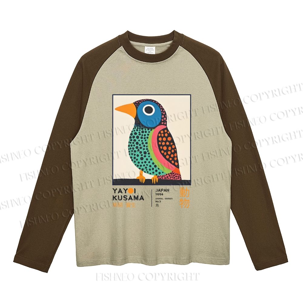 Yayoi Kusama Colorful Polka-dot Bird Neutral Color-Blocked Raglan Long Sleeve T-shirt
