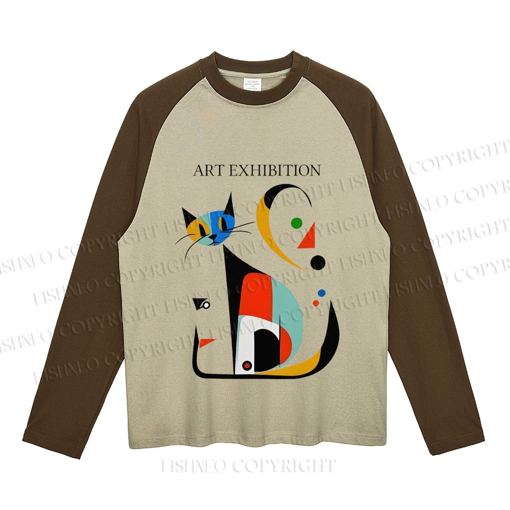 Joan Miro Cat Neutral Color-Blocked Raglan Long Sleeve T-shirt