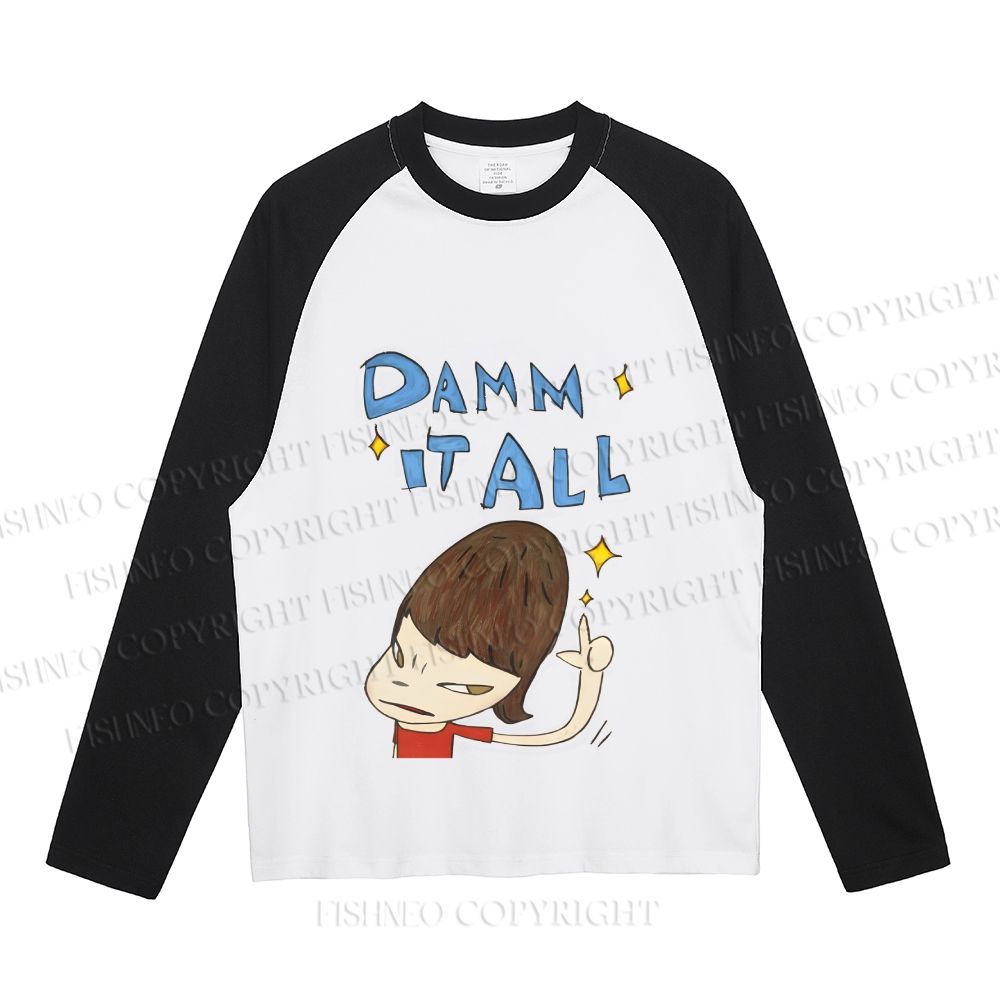 Japanese Art Yoshitomo Nara Damn It All Neutral Color-Blocked Raglan Long Sleeve T-shirt