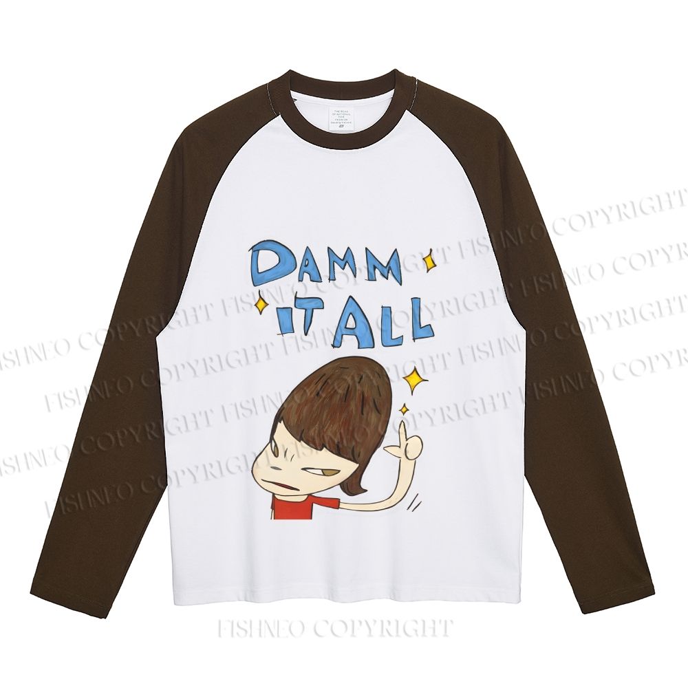 Japanese Art Yoshitomo Nara Damn It All Neutral Color-Blocked Raglan Long Sleeve T-shirt