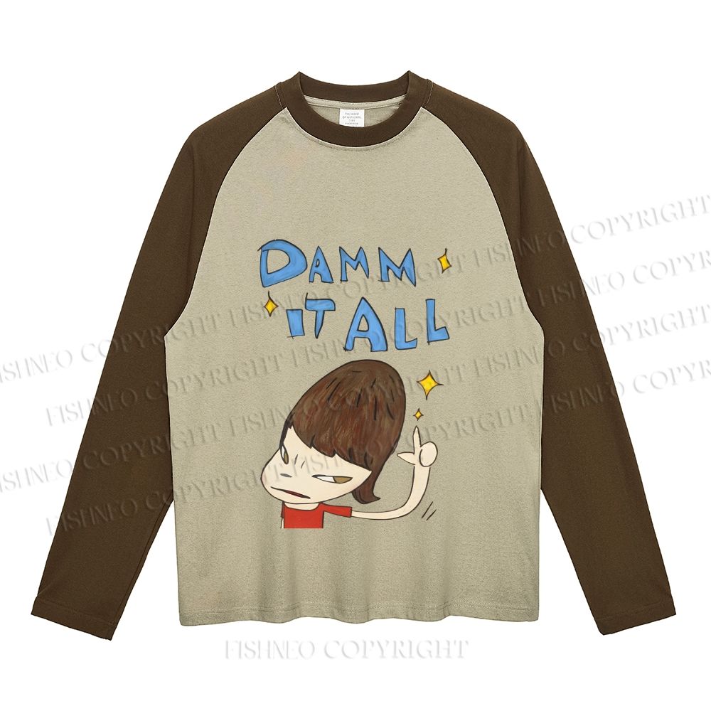 Japanese Art Yoshitomo Nara Damn It All Neutral Color-Blocked Raglan Long Sleeve T-shirt