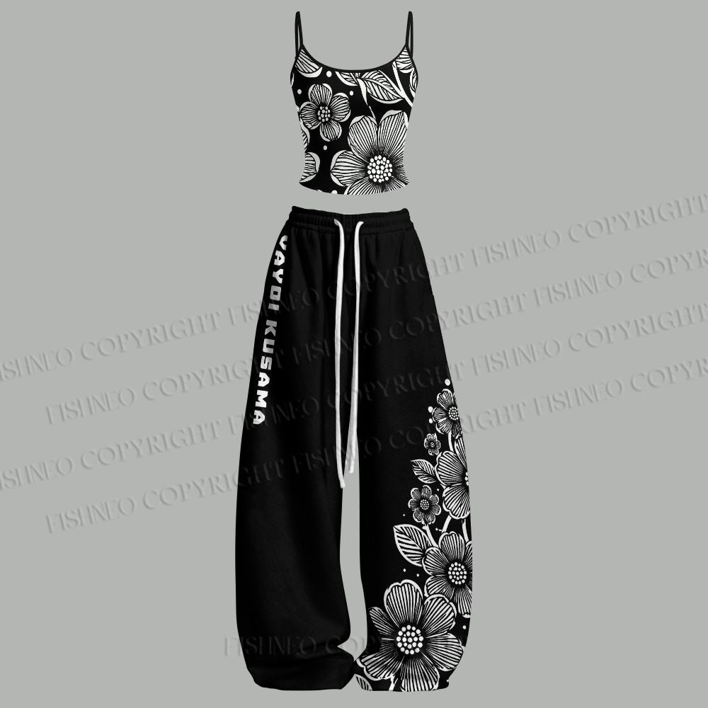 Yayoi Kusama Black Flower Top & Elasticated Trousers Two-Piece Set