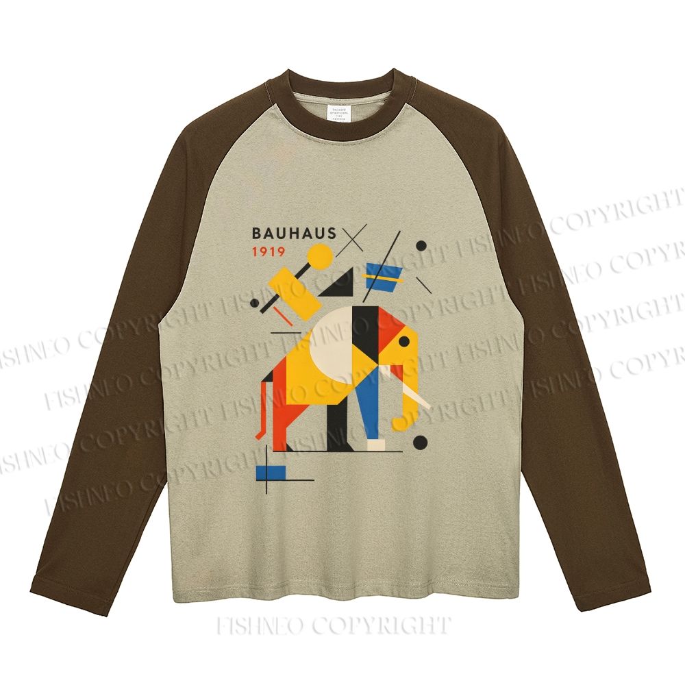 Bauhaus Elephant Neutral Color-Blocked Raglan Long Sleeve T-shirt