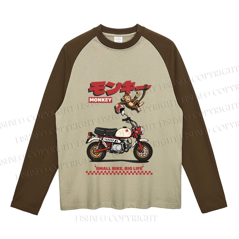 Honda Monkey Printed Neutral Color-Blocked Raglan Long Sleeve T-shirt