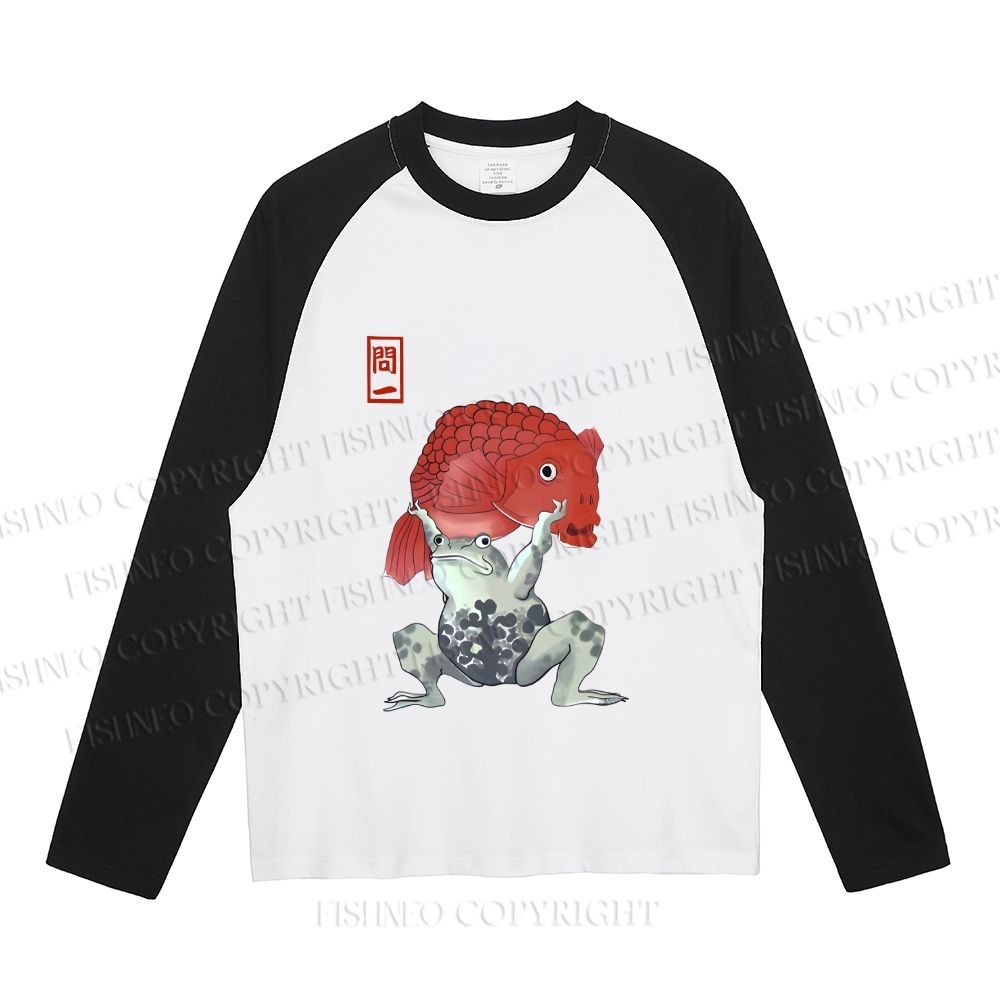 Frog Carrying A Red Fish Neutral Color-Blocked Raglan Long Sleeve T-shirt