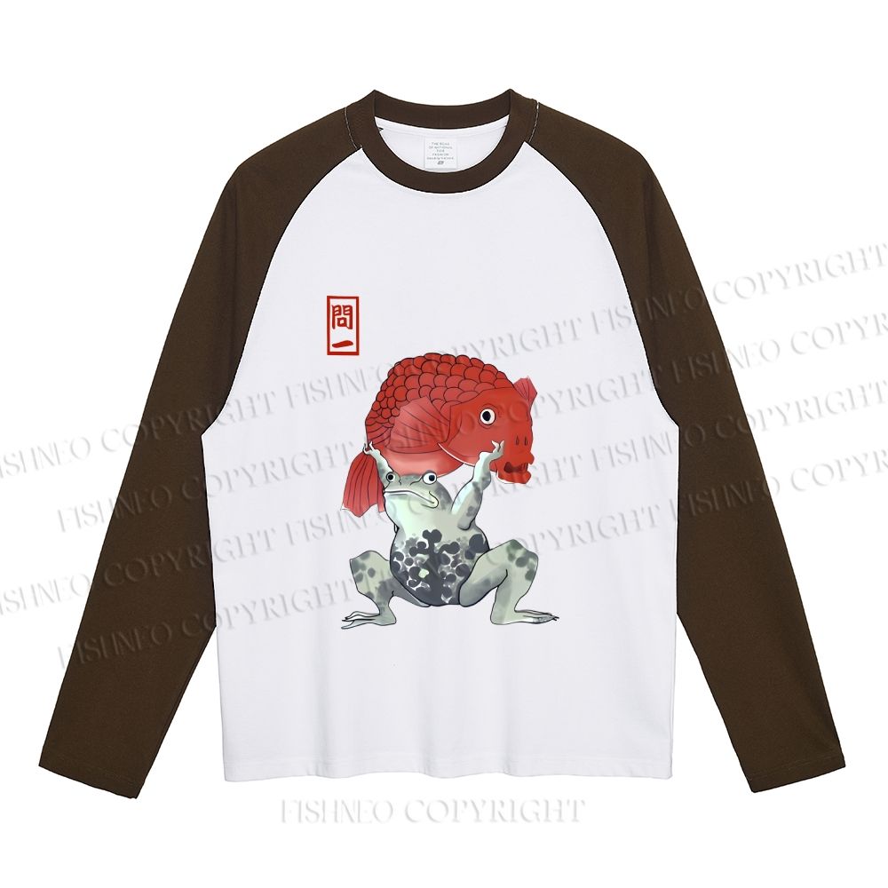 Frog Carrying A Red Fish Neutral Color-Blocked Raglan Long Sleeve T-shirt