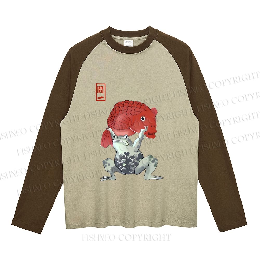 Frog Carrying A Red Fish Neutral Color-Blocked Raglan Long Sleeve T-shirt