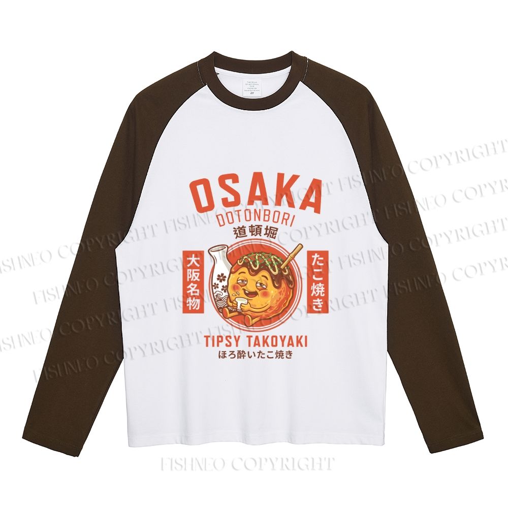 Osaka Tipsy Takoyaki Neutral Color-Blocked Raglan Long Sleeve T-shirt