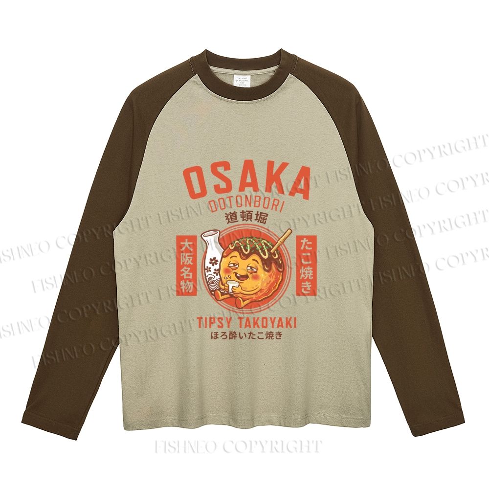 Osaka Tipsy Takoyaki Neutral Color-Blocked Raglan Long Sleeve T-shirt