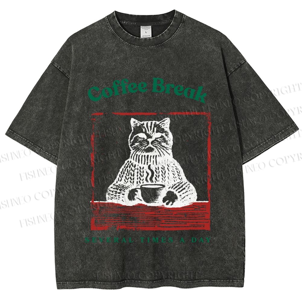 Unisex Coffee Break Cat Printed Washed Tee