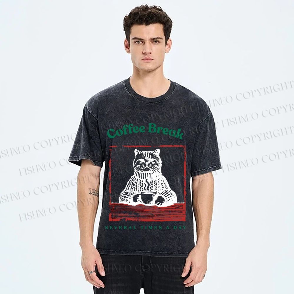 Unisex Coffee Break Cat Printed Washed Tee