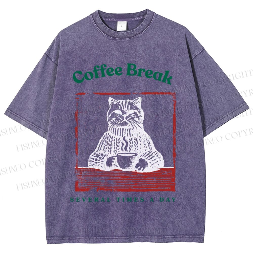 Unisex Coffee Break Cat Printed Washed Tee