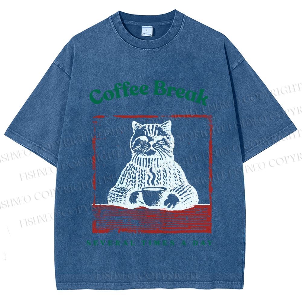 Unisex Coffee Break Cat Printed Washed Tee