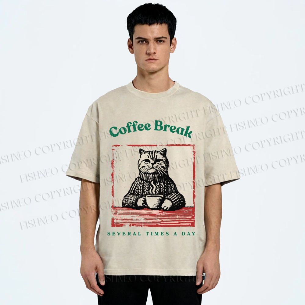 Unisex Coffee Break Cat Printed Washed Tee