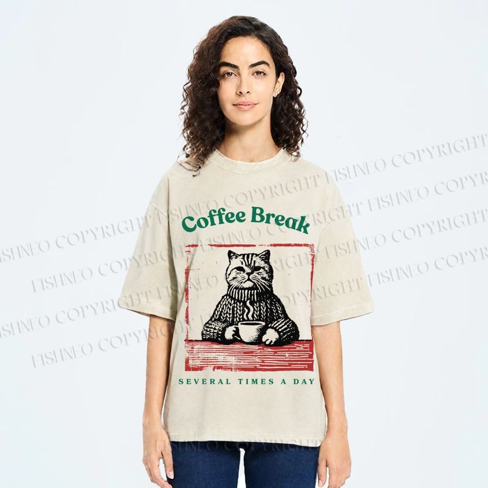 Unisex Coffee Break Cat Printed Washed Tee