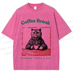 Unisex Coffee Break Cat Printed Washed Tee