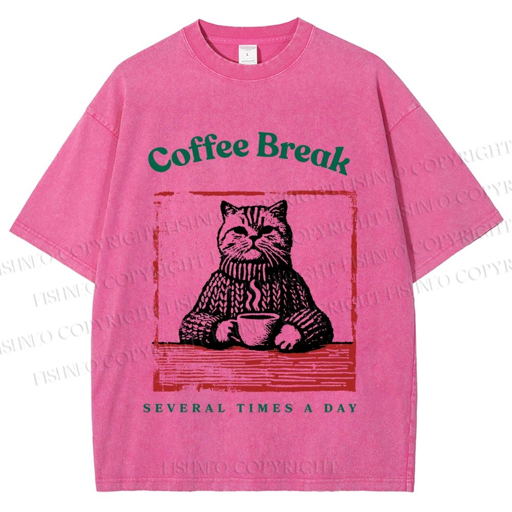 Unisex Coffee Break Cat Printed Washed Tee