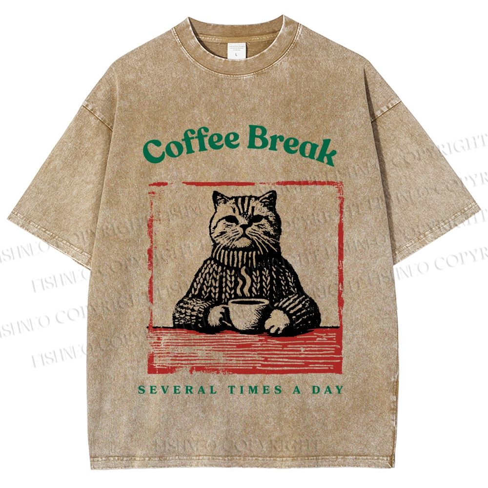 Unisex Coffee Break Cat Printed Washed Tee