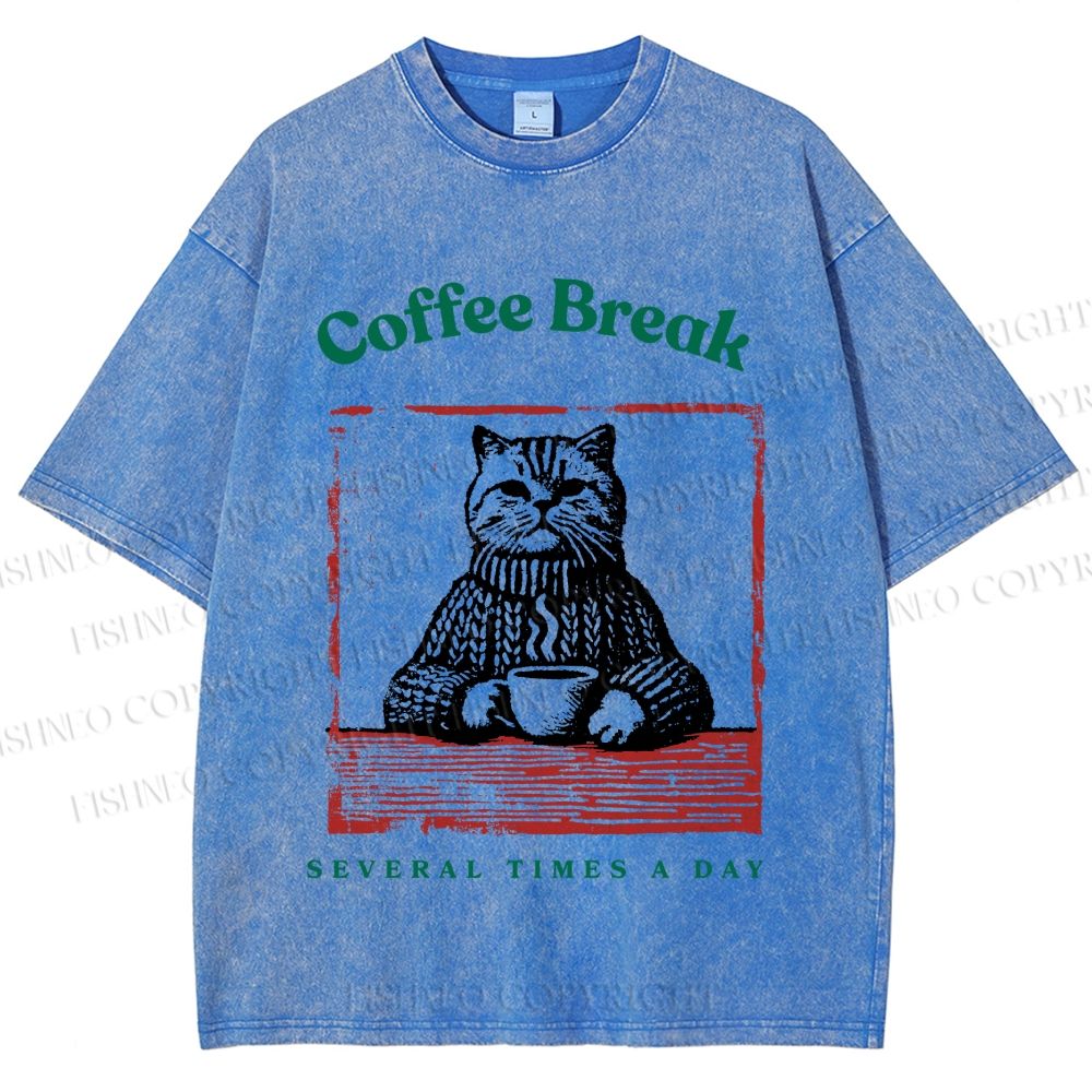 Unisex Coffee Break Cat Printed Washed Tee