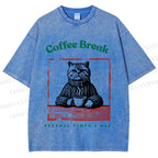 Unisex Coffee Break Cat Printed Washed Tee