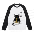 Japanese Ramen Black Cat Neutral Color-Blocked Raglan Long Sleeve T-shirt
