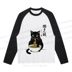 Japanese Ramen Black Cat Neutral Color-Blocked Raglan Long Sleeve T-shirt