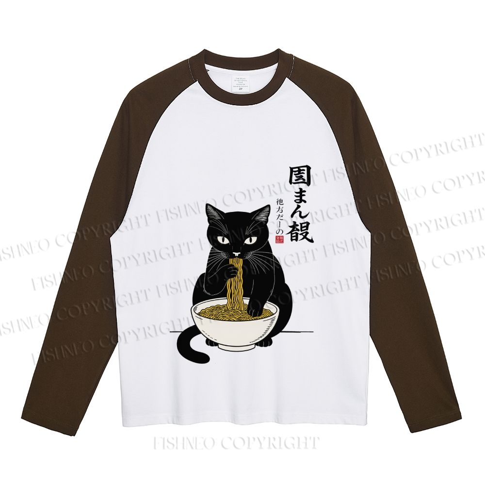 Japanese Ramen Black Cat Neutral Color-Blocked Raglan Long Sleeve T-shirt