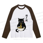 Japanese Ramen Black Cat Neutral Color-Blocked Raglan Long Sleeve T-shirt