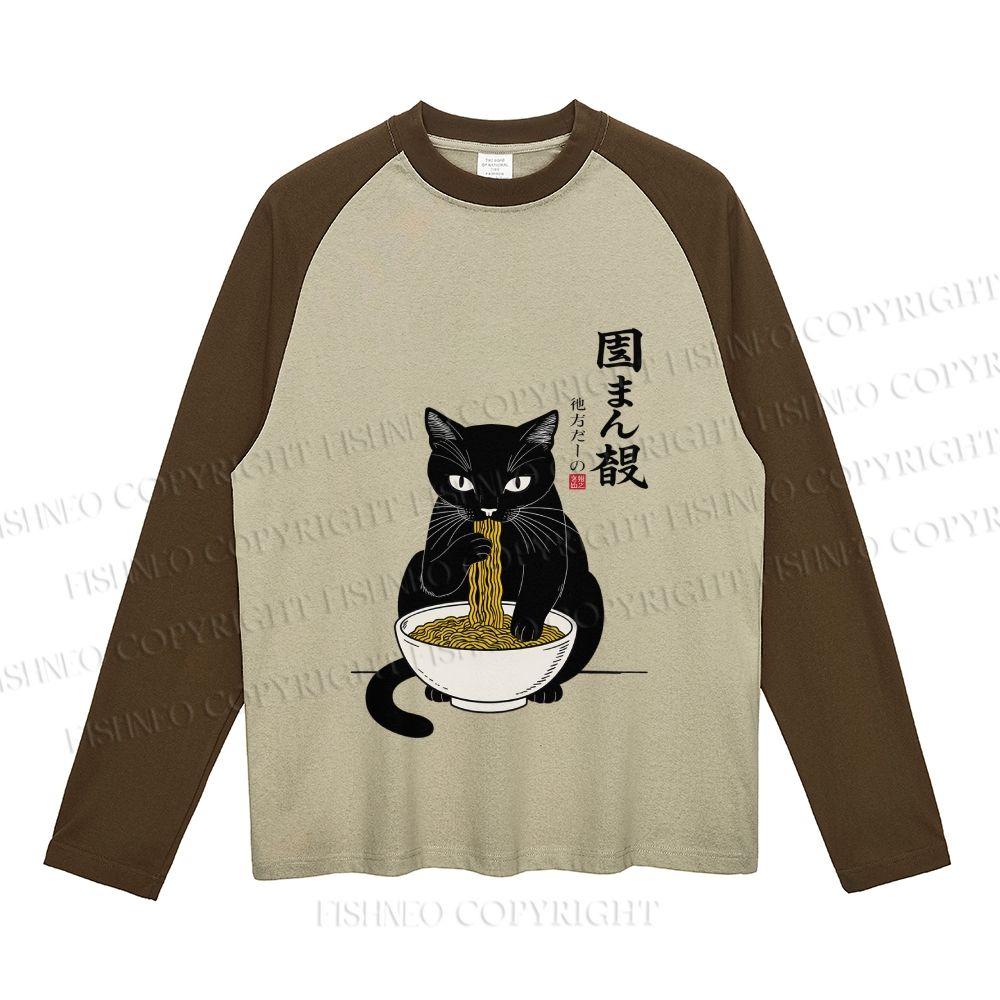 Japanese Ramen Black Cat Neutral Color-Blocked Raglan Long Sleeve T-shirt