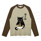 Japanese Ramen Black Cat Neutral Color-Blocked Raglan Long Sleeve T-shirt