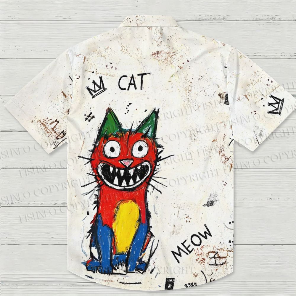 Doodle Cat Printed Hawaiian Shirt