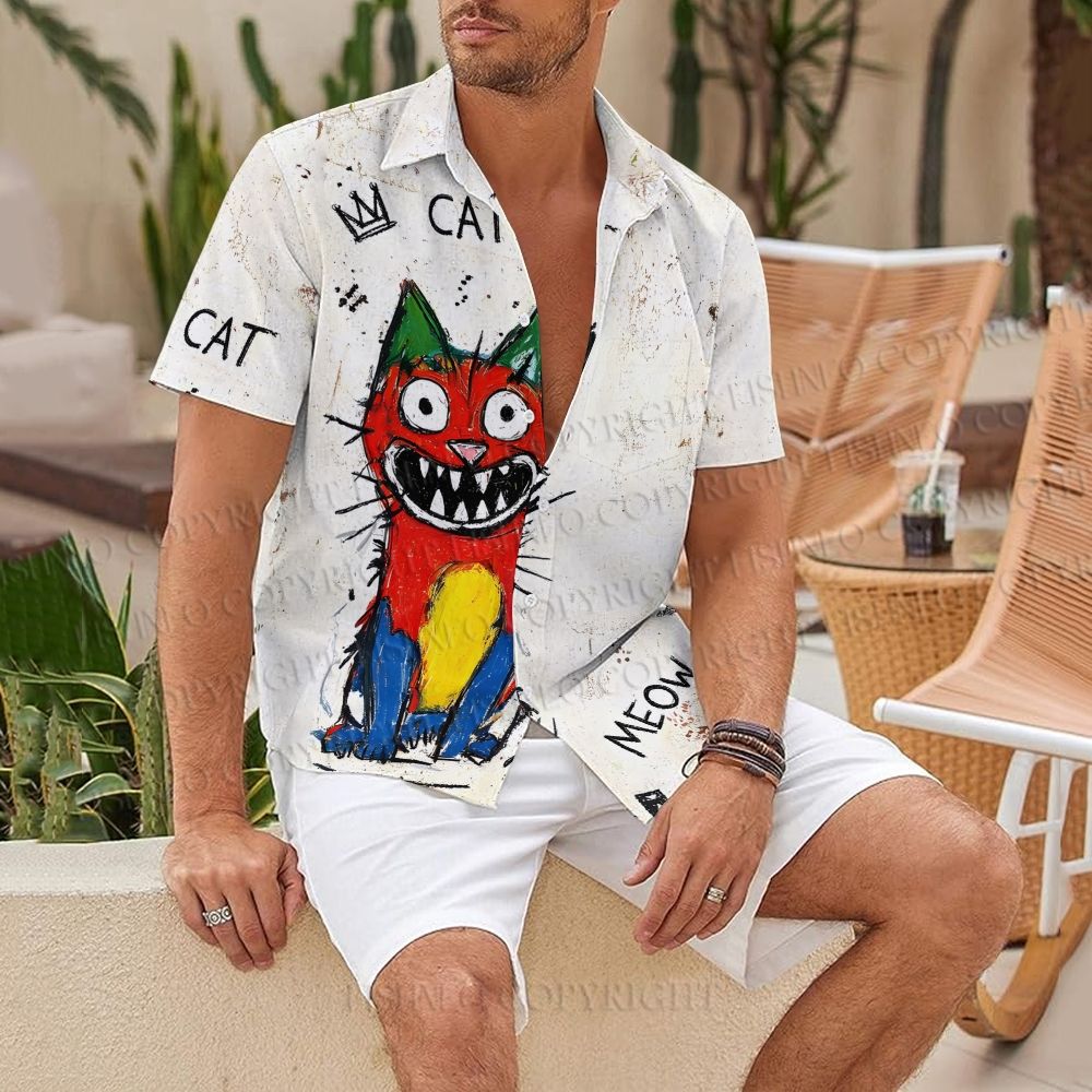 Doodle Cat Printed Hawaiian Shirt