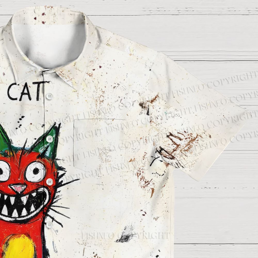 Doodle Cat Printed Hawaiian Shirt