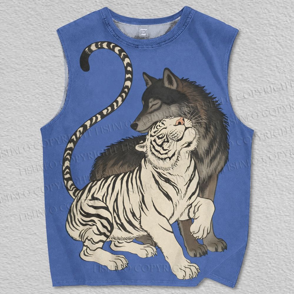 Unisex Vintage White Tiger With Wolf Printed Tank Top