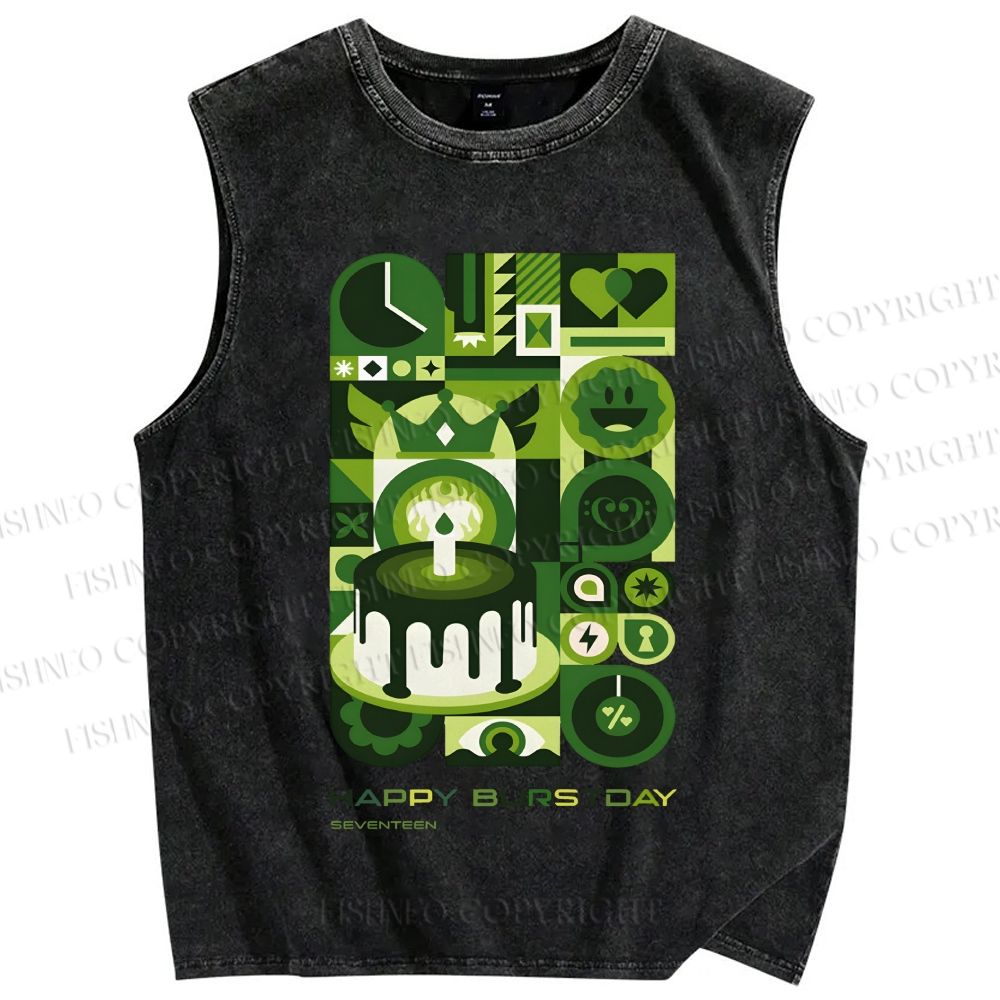 Unisex Green Bauhaus Design Printed Washed Tank Top