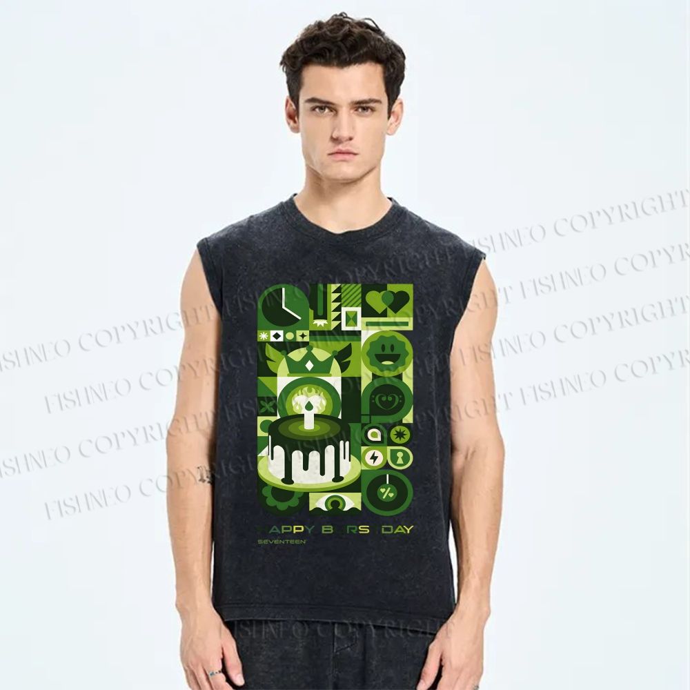 Unisex Green Bauhaus Design Printed Washed Tank Top