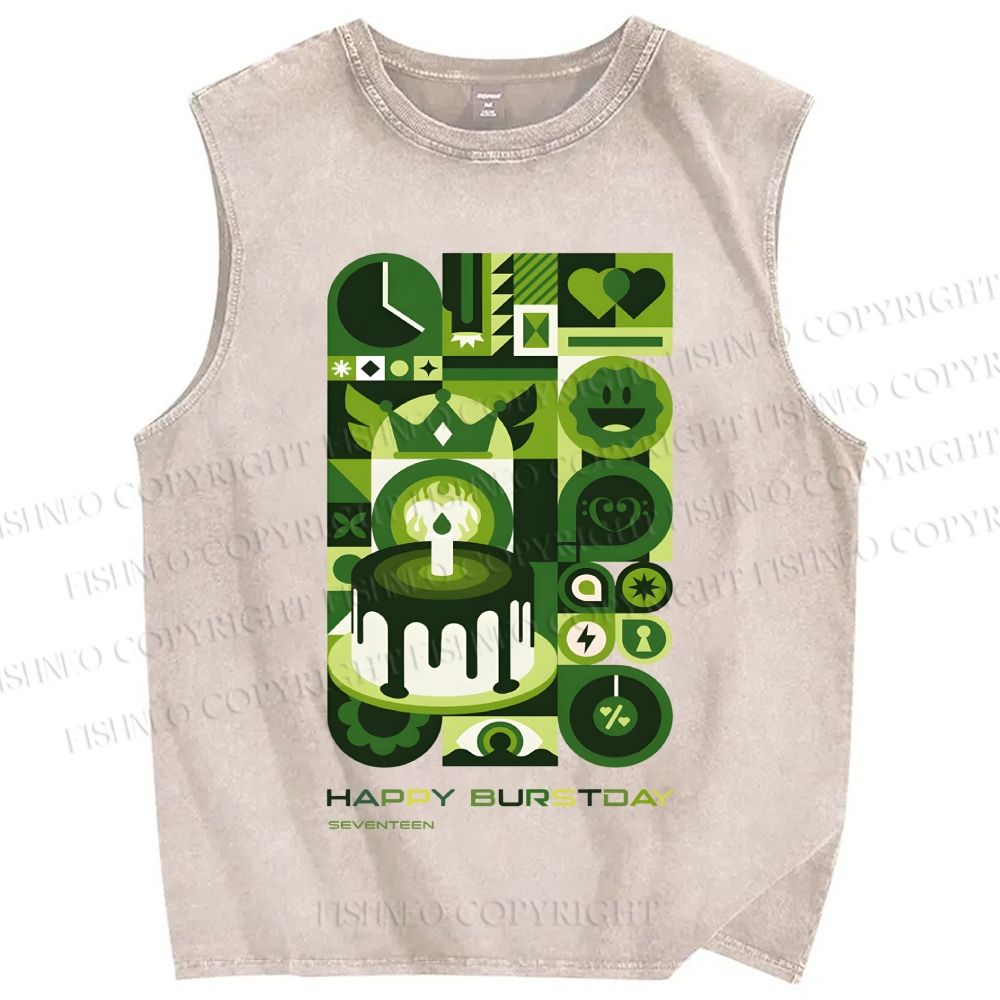 Unisex Green Bauhaus Design Printed Washed Tank Top