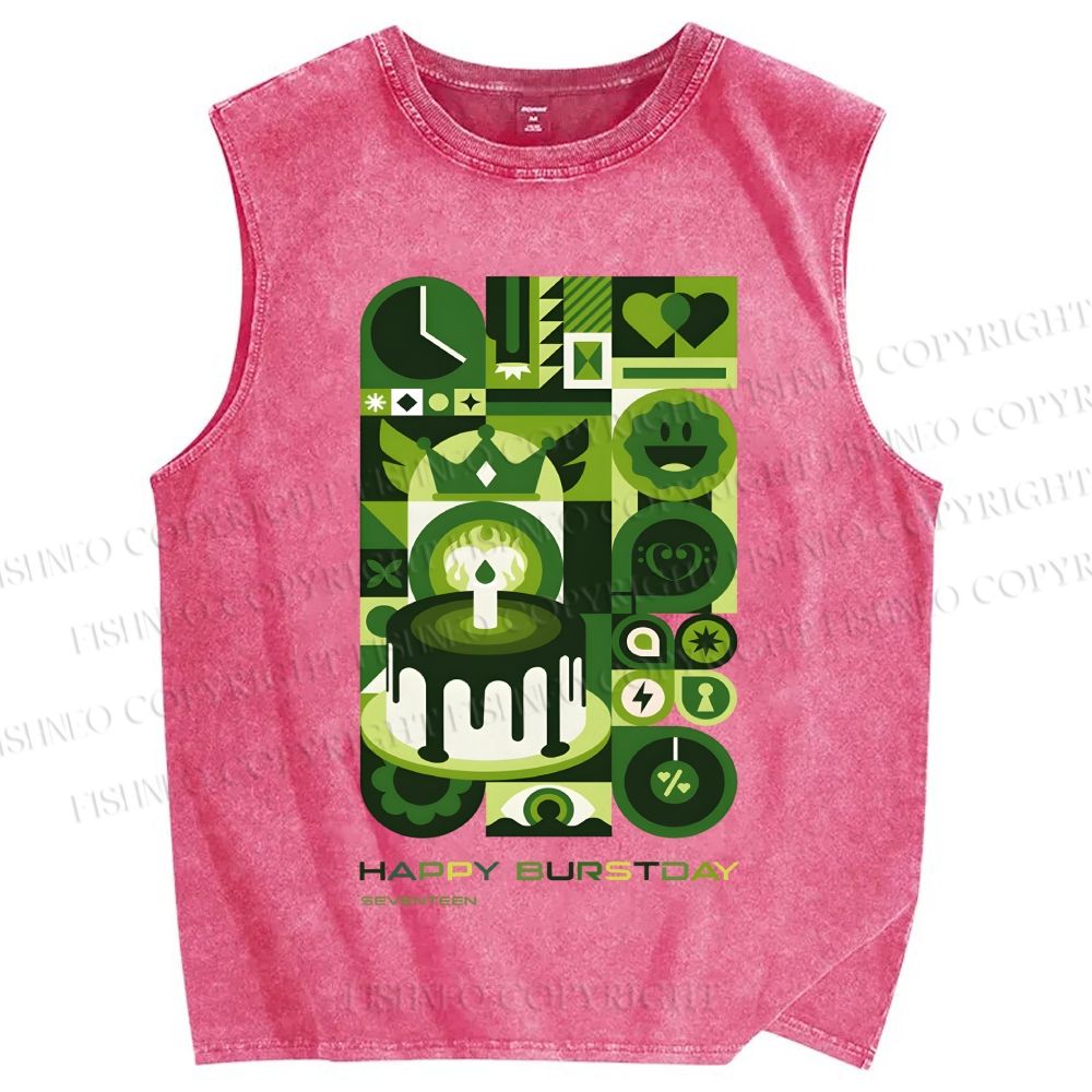 Unisex Green Bauhaus Design Printed Washed Tank Top