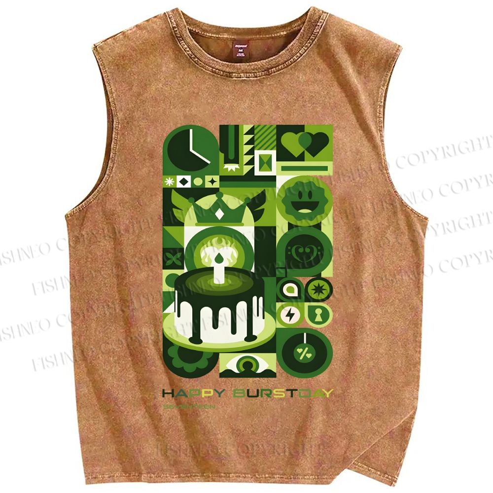 Unisex Green Bauhaus Design Printed Washed Tank Top