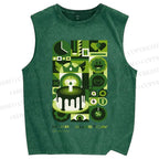 Unisex Green Bauhaus Design Printed Washed Tank Top