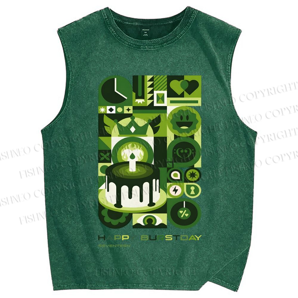 Unisex Green Bauhaus Design Printed Washed Tank Top