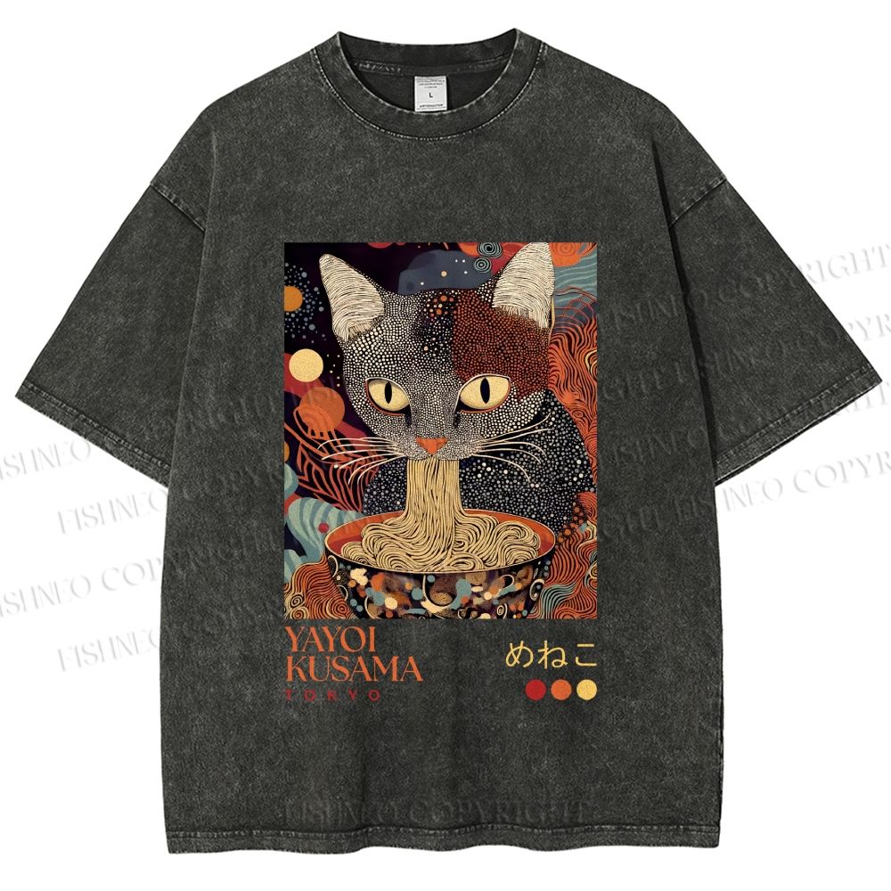 Unisex Yayoi Kusama Ramen Cat Printed Washed Tee