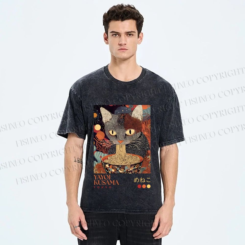 Unisex Yayoi Kusama Ramen Cat Printed Washed Tee