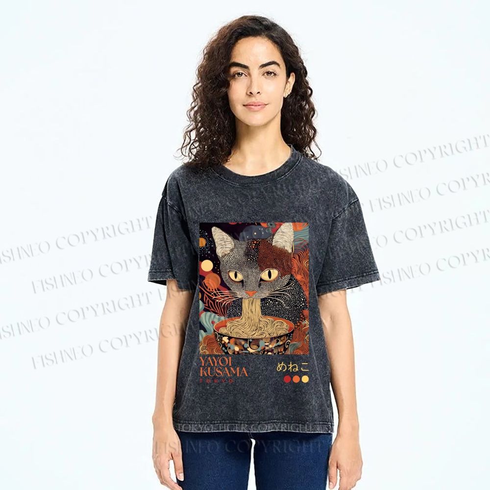 Unisex Yayoi Kusama Ramen Cat Printed Washed Tee