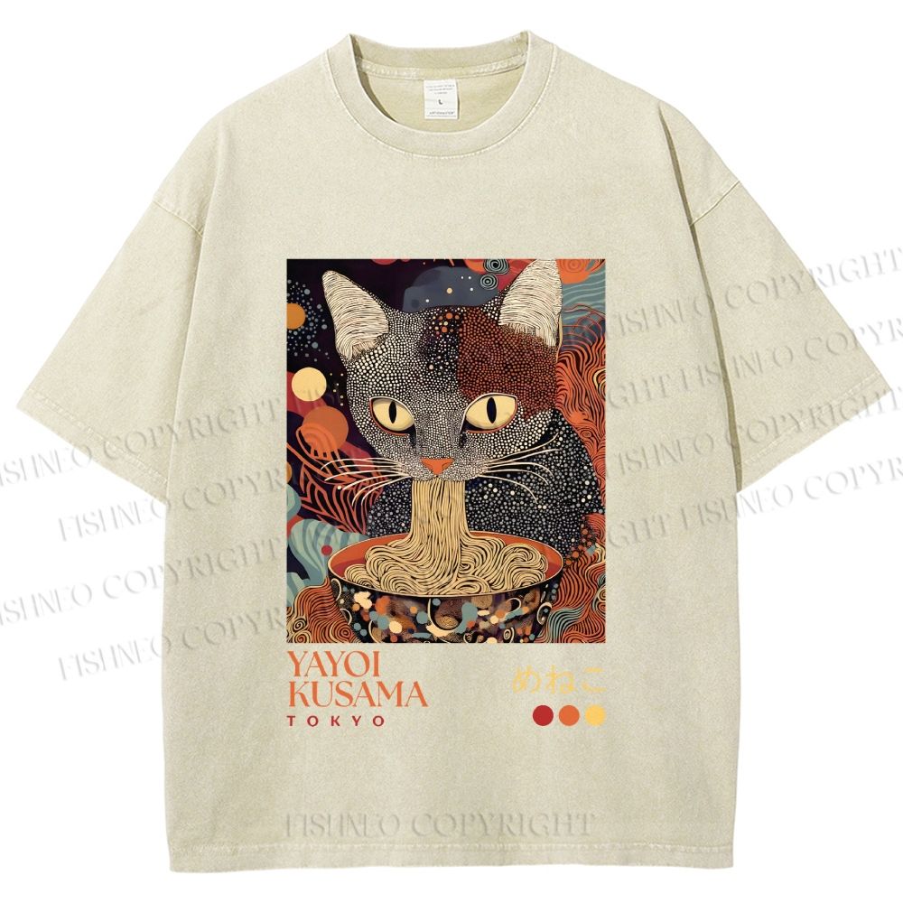Unisex Yayoi Kusama Ramen Cat Printed Washed Tee