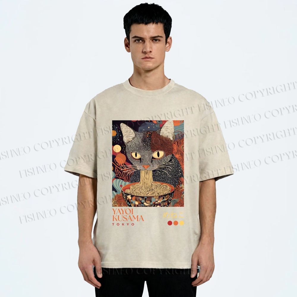 Unisex Yayoi Kusama Ramen Cat Printed Washed Tee