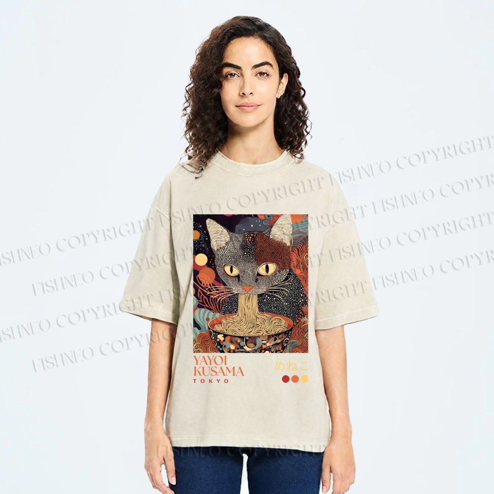 Unisex Yayoi Kusama Ramen Cat Printed Washed Tee