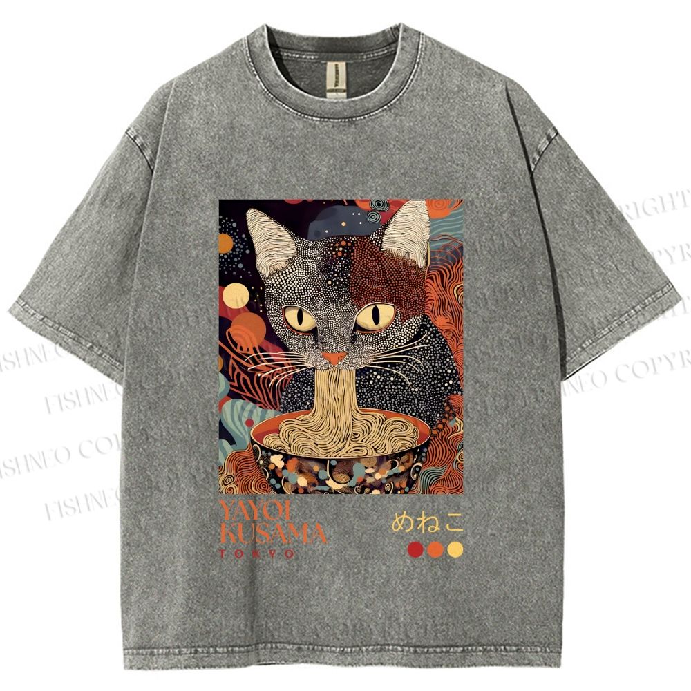 Unisex Yayoi Kusama Ramen Cat Printed Washed Tee